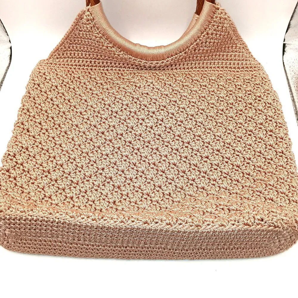 Vintage The Sak Warm Beige Crochet Purse Bag w/ Round Wood Look Plastic Handles